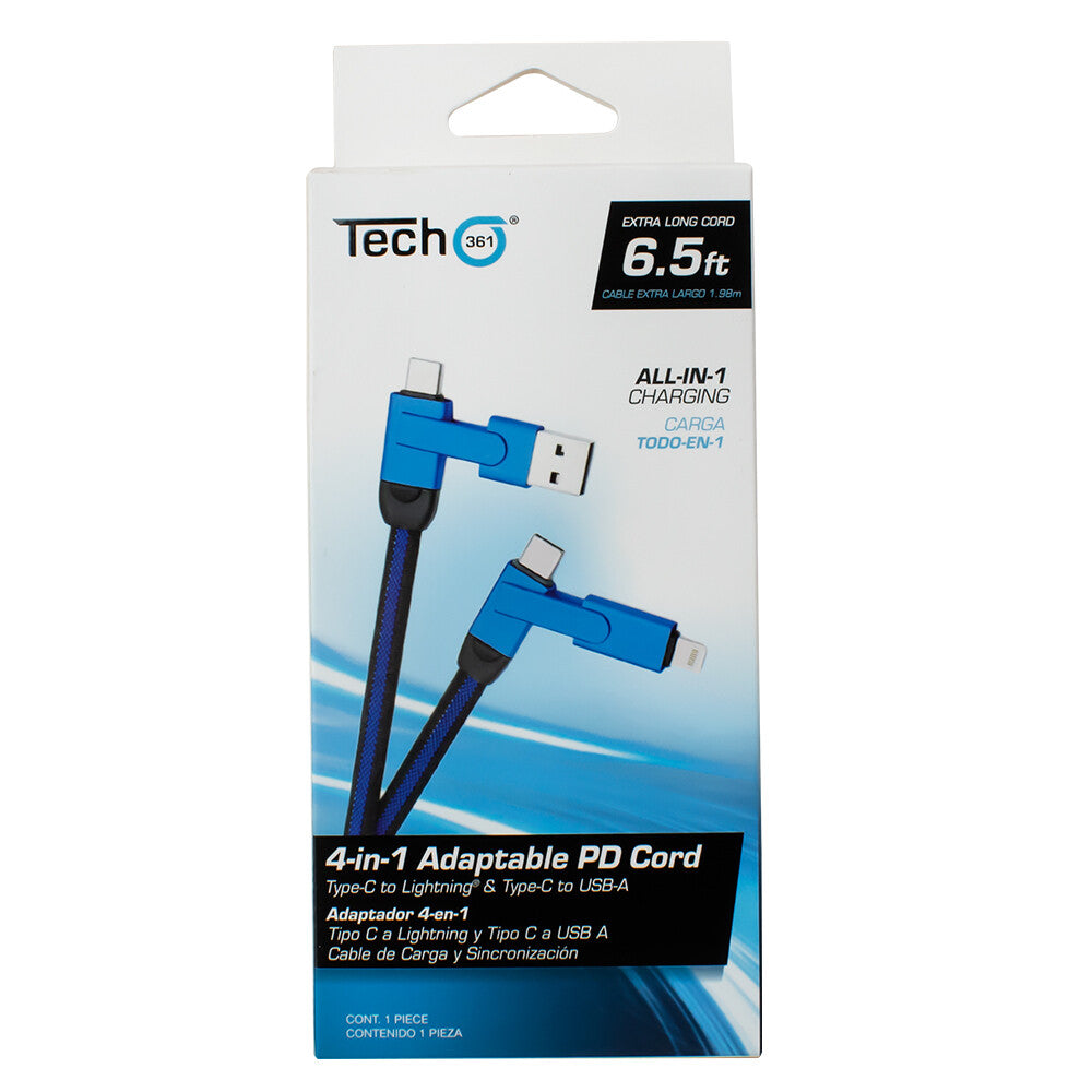 4-in-1 Adaptable PD Cord, Type-C/Lightning® to Type-C/USB-A