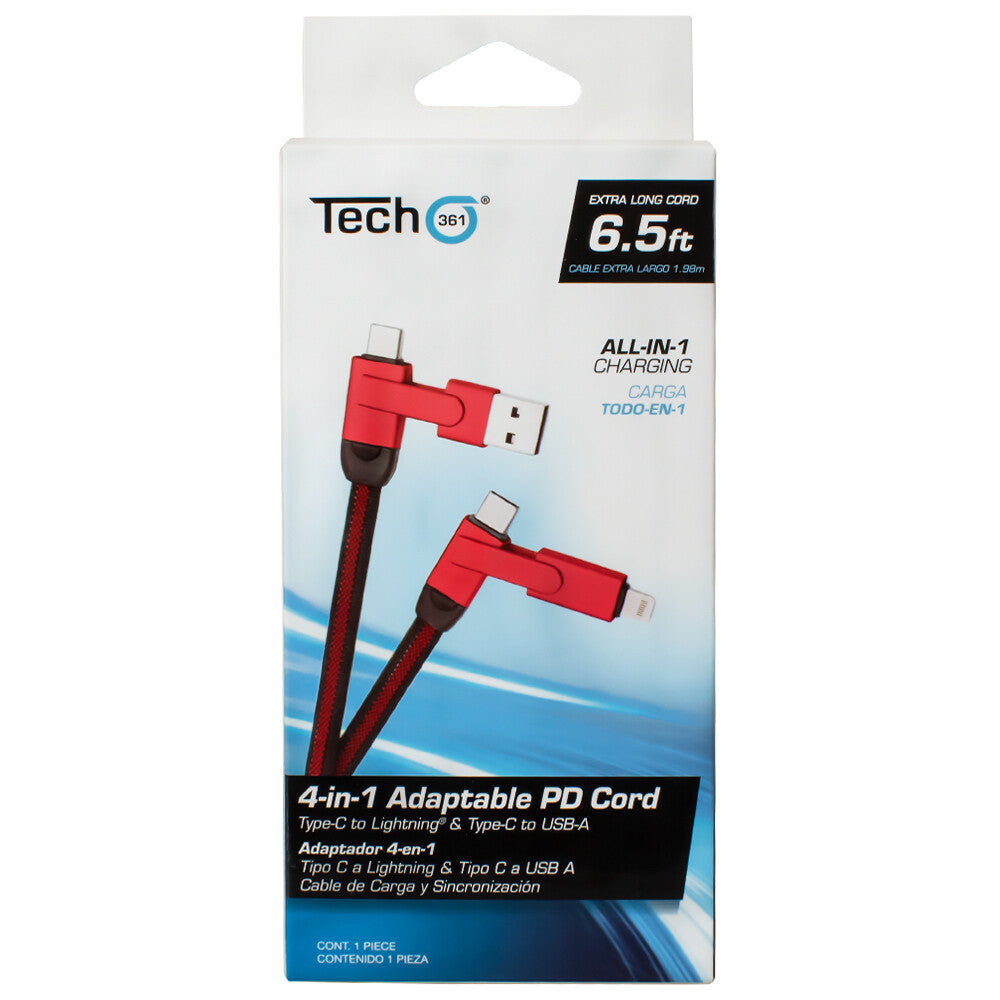 4-in-1 Adaptable PD Cord, Type-C/Lightning® to Type-C/USB-A