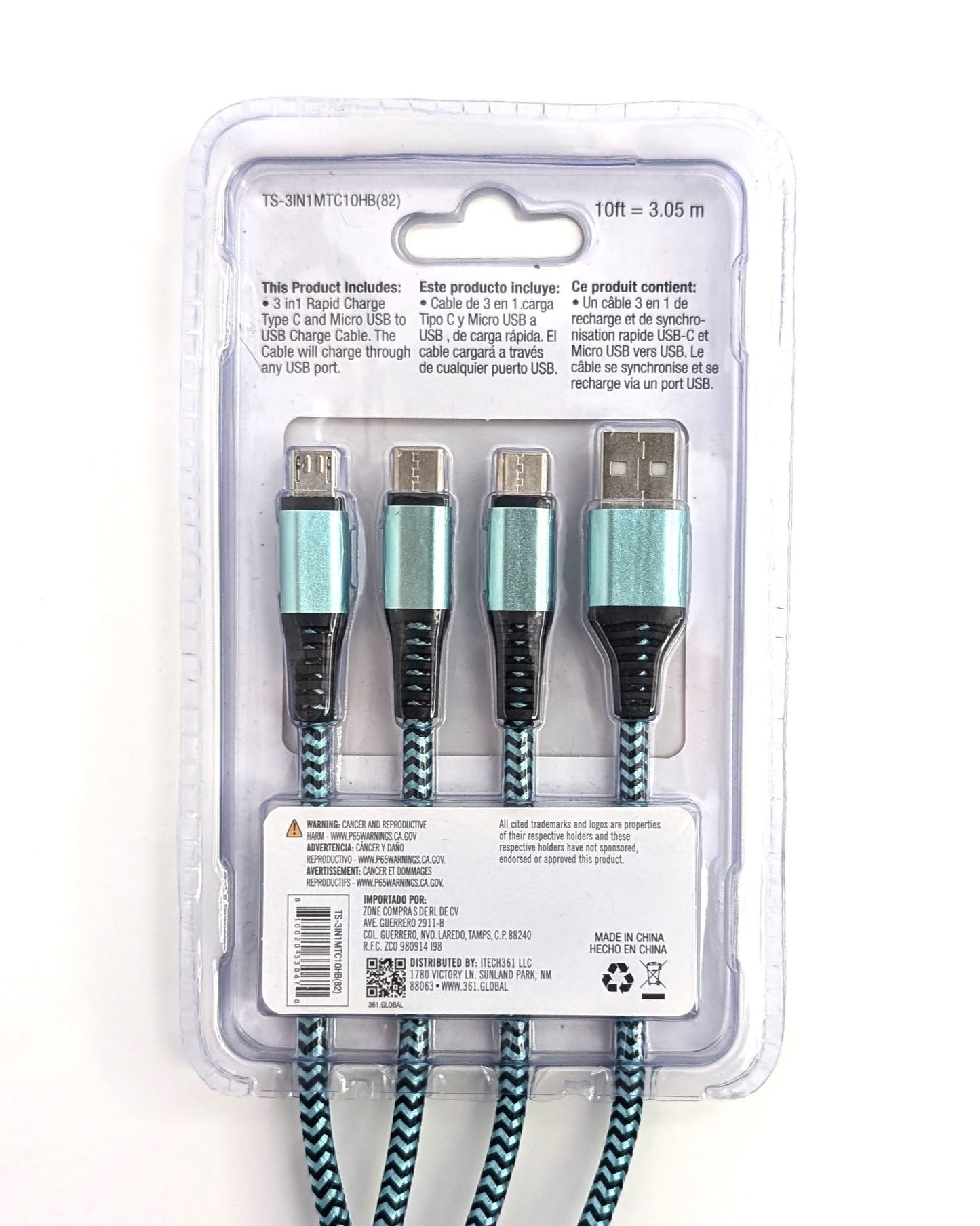 10ft All-in-One Cable with 2 Type-C and 1 Micro USB Connectors, with Strap