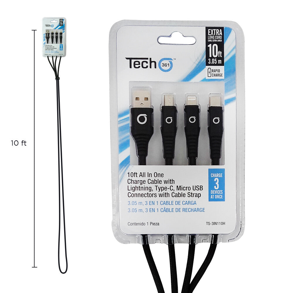 10ft All-in-One Charge Cable with Lightning, Type-C and Micro USB connectors, with Strap