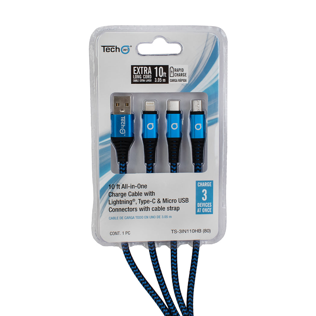 10ft All-in-One Charge Cable with Lightning, Type-C and Micro USB connectors, with Strap