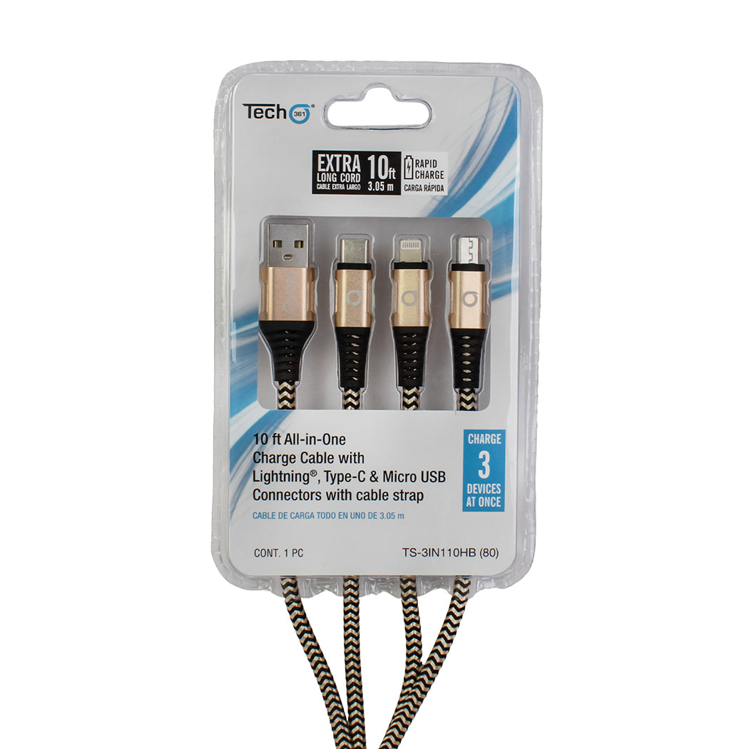 10ft All-in-One Charge Cable with Lightning, Type-C and Micro USB connectors, with Strap