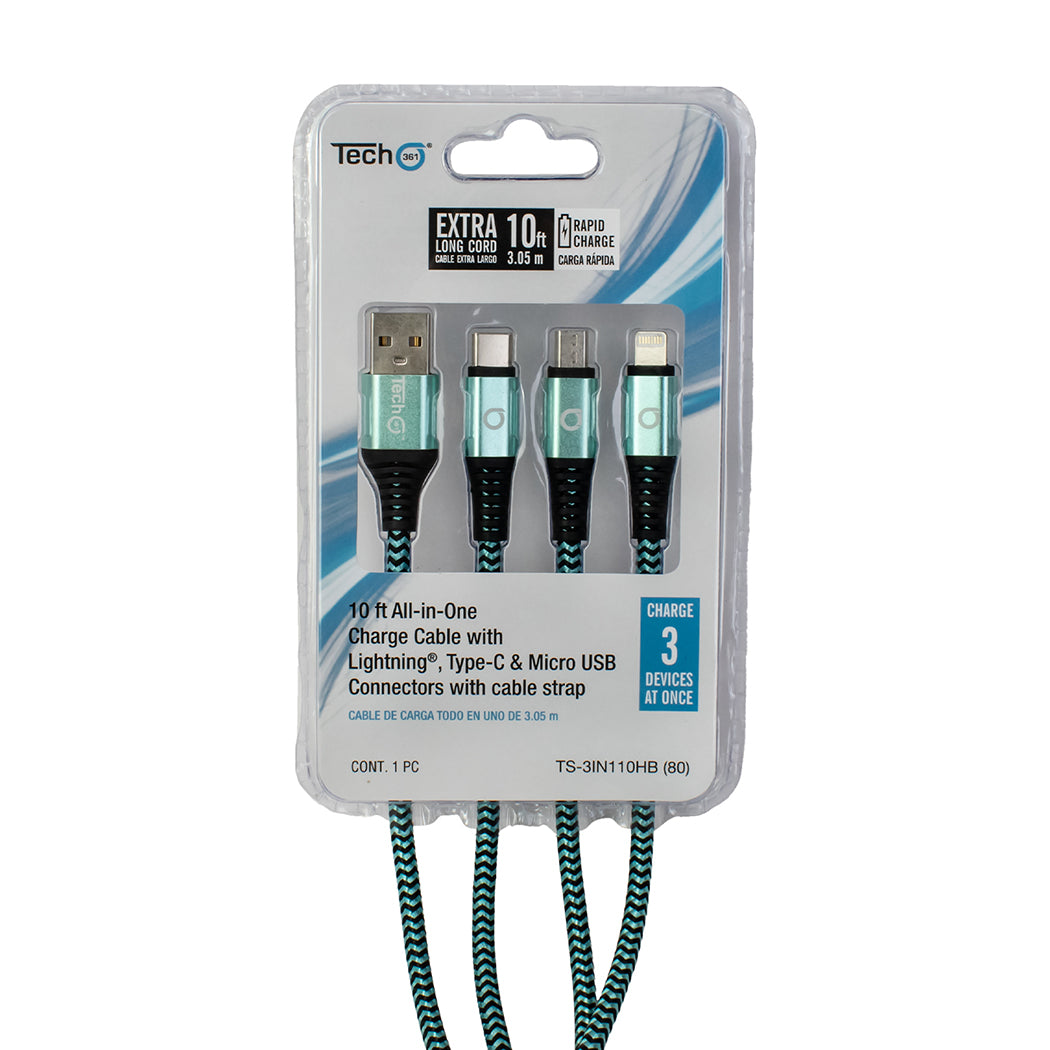 10ft All-in-One Charge Cable with Lightning, Type-C and Micro USB connectors, with Strap