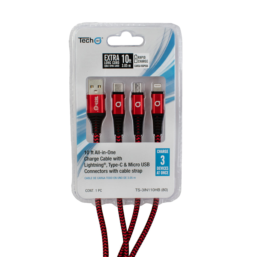 10ft All-in-One Charge Cable with Lightning, Type-C and Micro USB connectors, with Strap