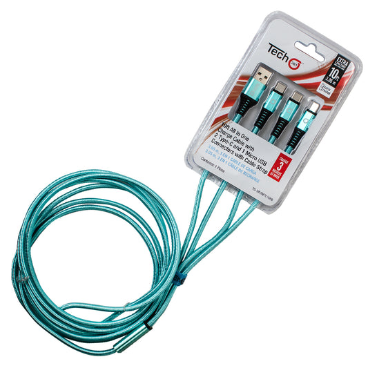Cable todo en uno de 10 pies con 2 conectores tipo C y 1 micro USB, con correa