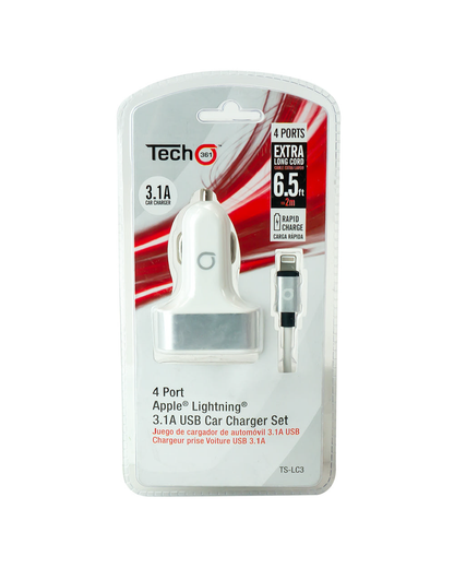 iTech361 4 port USB A Lightning cable Car Charger Set
